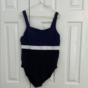 Tommy Bahama Color Block Black, Blue and White One Piece Swimsuit